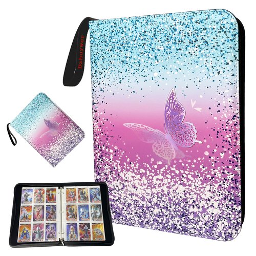 Dzhuywer Trading Card Binder for 9-Pocket 1080 Cards with 60 Removable Sleeves with Protection Zipper Easy Carrying Wristband, Portable Trading Card Albums for Boys Girls Gifts, Pink Purple Butterfly
