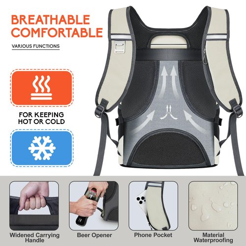 N NEVO RHINO Backpack Cooler, 36 Cans, Light Gray, Nylon, Insulated, Waterproof, Leakproof, Large Capacity, Multiple Pockets, 1.85 lbs