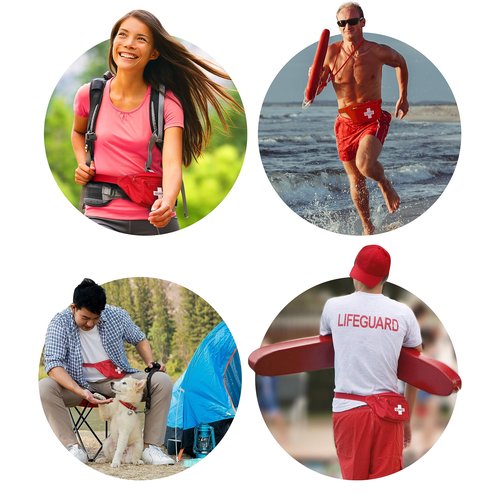 EMS XTRM Lifeguard Fanny Pack Red with Whistle Lanyard - Baywatch Style First Aid Hip Pack, Adjustable Strap, Cross Logo + Zipper Pouch, 10 Pack