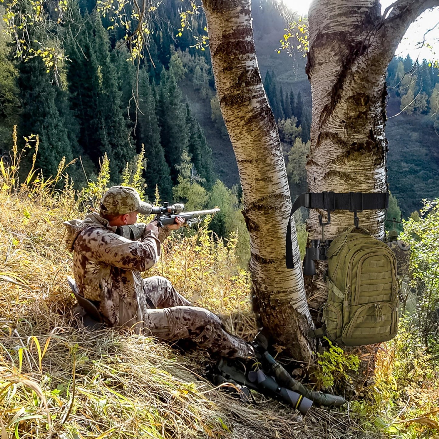 2 Pack Treestands Strap Gear Hangers with 12 Metal Hooks,Hunting Tree Stand Bow & Gear Hanger,Saddle Hunting and Gear Equipment Hanger,Tree Stand Accessories Strap for Bow Arrows Bag