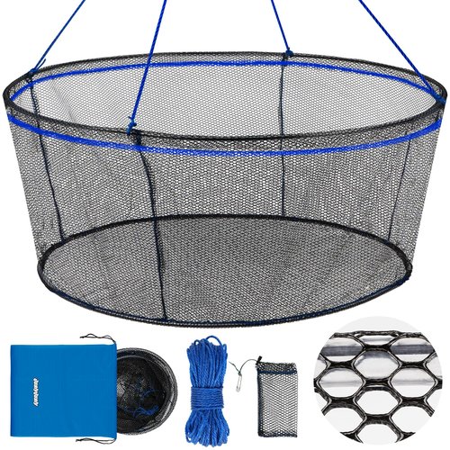 QualyQualy Foldable Fishing Net, Landing Fishing Pier Nets, Drop Net for Pulling Up Fish with Rope, Portable Bridge Fishing Net for Minnows, Crawfish, Shrimp, Top Dia. 39.4“