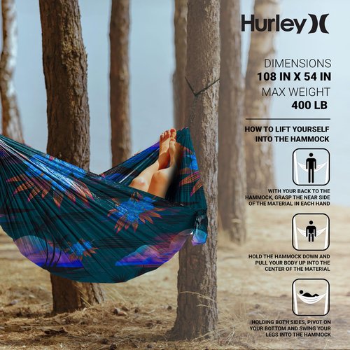 Hurley Duo Camping Hammock - 1 Person Portable Hammock for Camping, Heavy Duty Hammock with Parachute Nylon Fabric - Camping Accessories & Camping Gear for Outdoor Activities - Holds Up to 400lbs