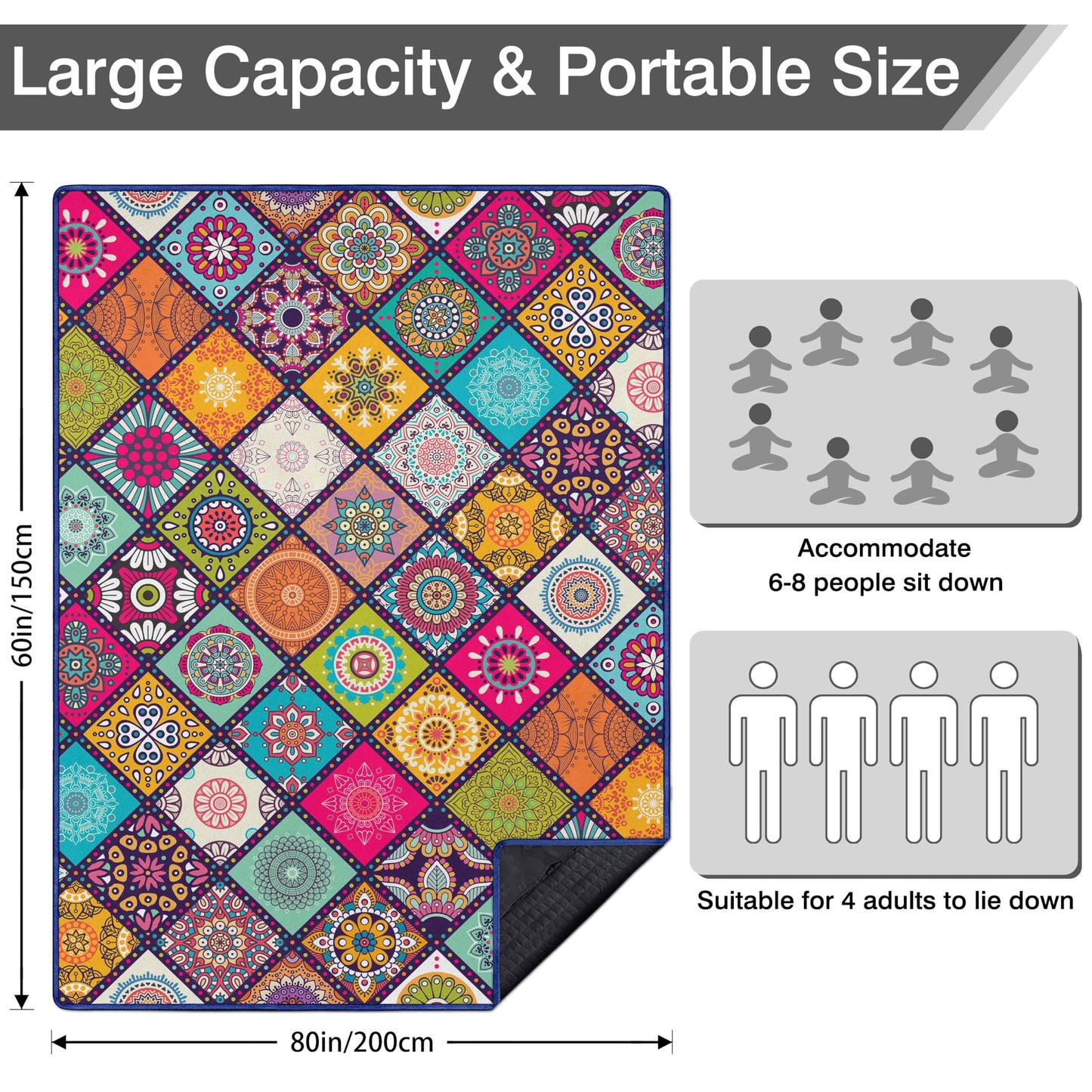 Fefede Waterproof Picnic Blankets Foldable & Portable 60''x80'' Boho Picnic Mat for Outdoors, Large Washable Picnic Blanket for Travel Camping Beach, Park Grass Picnic Blanket Accessories for Adults