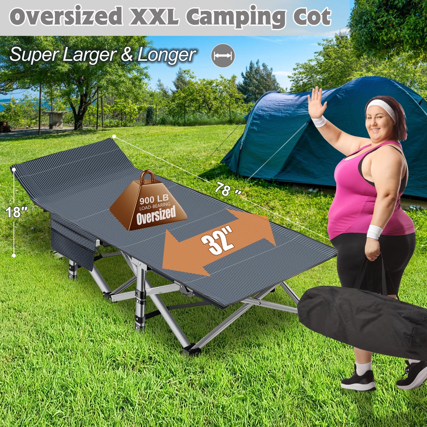 ABORON Oversized XXL Folding Camping Cot W/Mat for Adults, 78" L x 32" W x 18" H Heavy Duty Outdoor Bed with Carry Bag,1200 D Layer Oxford Travel Camp Cots