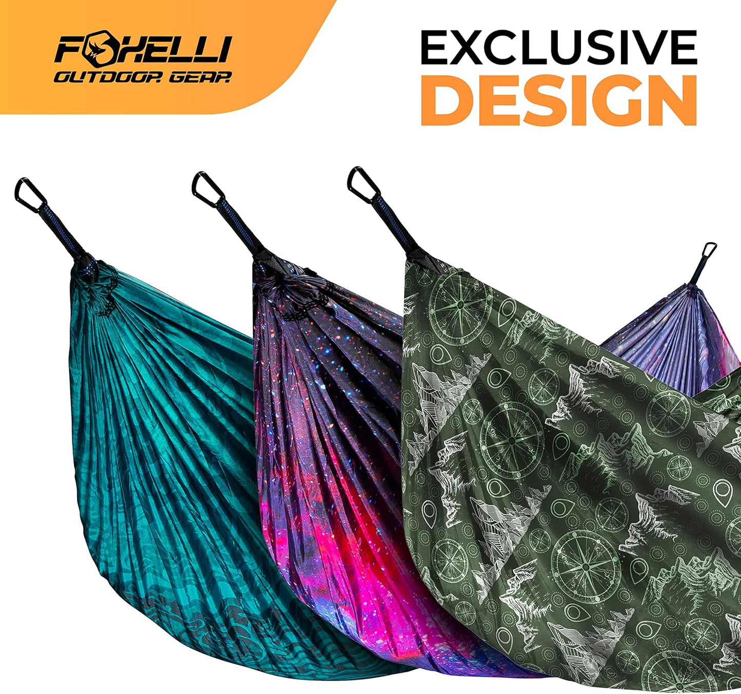 Foxelli Camping Hammock - Lightweight Portable Hammock, Easy Setup with Tree-Friendly Ropes & Steel Carabiners, Heavy Duty Parachute Nylon for Indoors and Outdoors