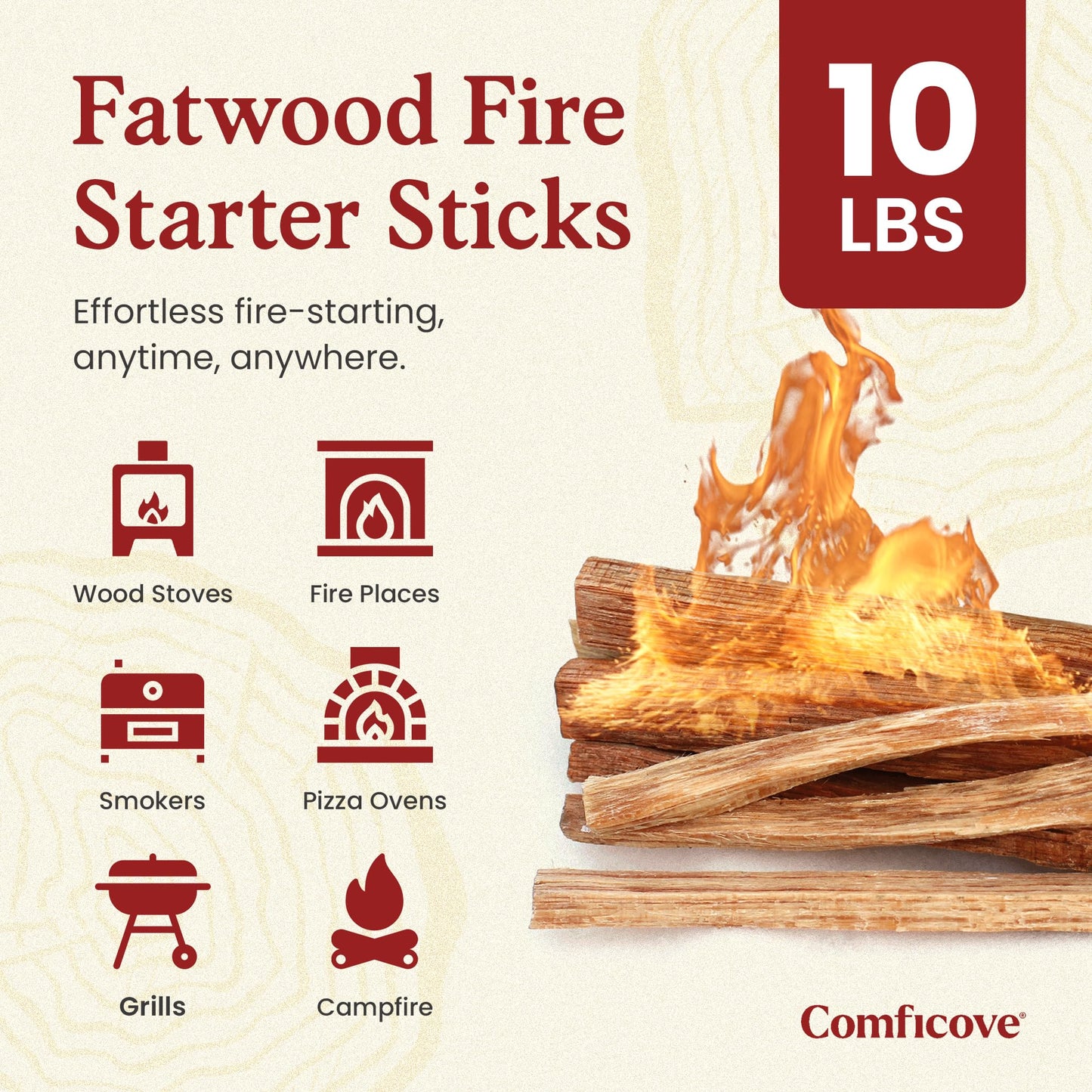 Fatwood Fire Starter Sticks 10 lbs | Premium Resin-Rich Pine Firewood | Fire Stick Ideal for Campfires, Fireplaces, Bonfires | Easy Fire Start with 2 Sticks | Camping Essentials | Comficove