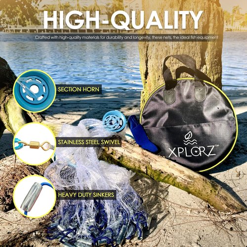 XPLORZ American Cast Fishing Net for Bait Trap Fish: 4ft/ 6ft/ 8ft Sizes for Saltwater & Freshwater Fishing - Enhanced with Heavy-Duty Zinc Sinker Weights