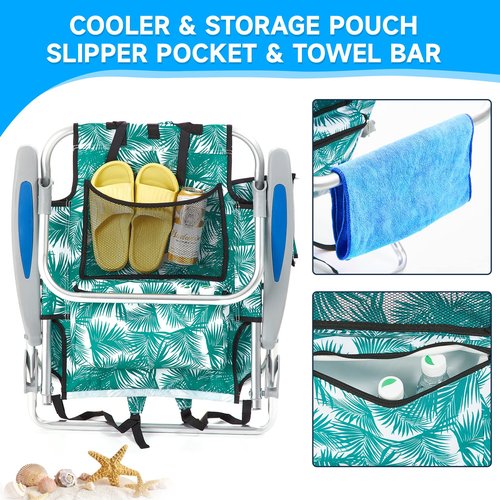 Canpsky 2 Pack Lightweight Portable Camping Beach Chair for Adults, Outdoor Lay Flat Folding Beach Chairs with 4 Positions, Backpack Beach Chair with Towel Bar, Cooler Pouch, Cup Holder, Green Leaves