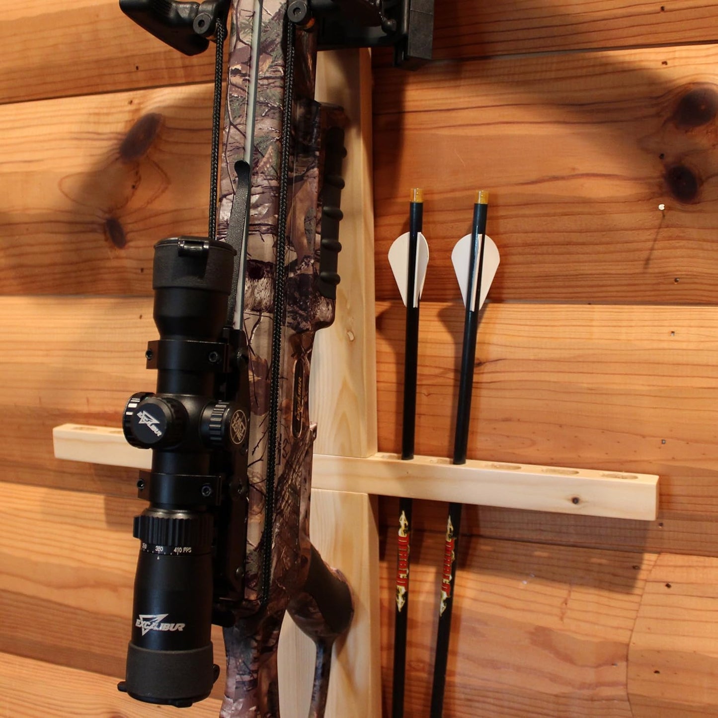 Rush Creek Creations | Wall Mounted Bow and Arrow Display Rack for Hunting and Archery Accessories | Real Tree Crossbow Holder and 10-Arrow Storage | Bow Hanger for 1 Big Crossbow with Arrow Holders