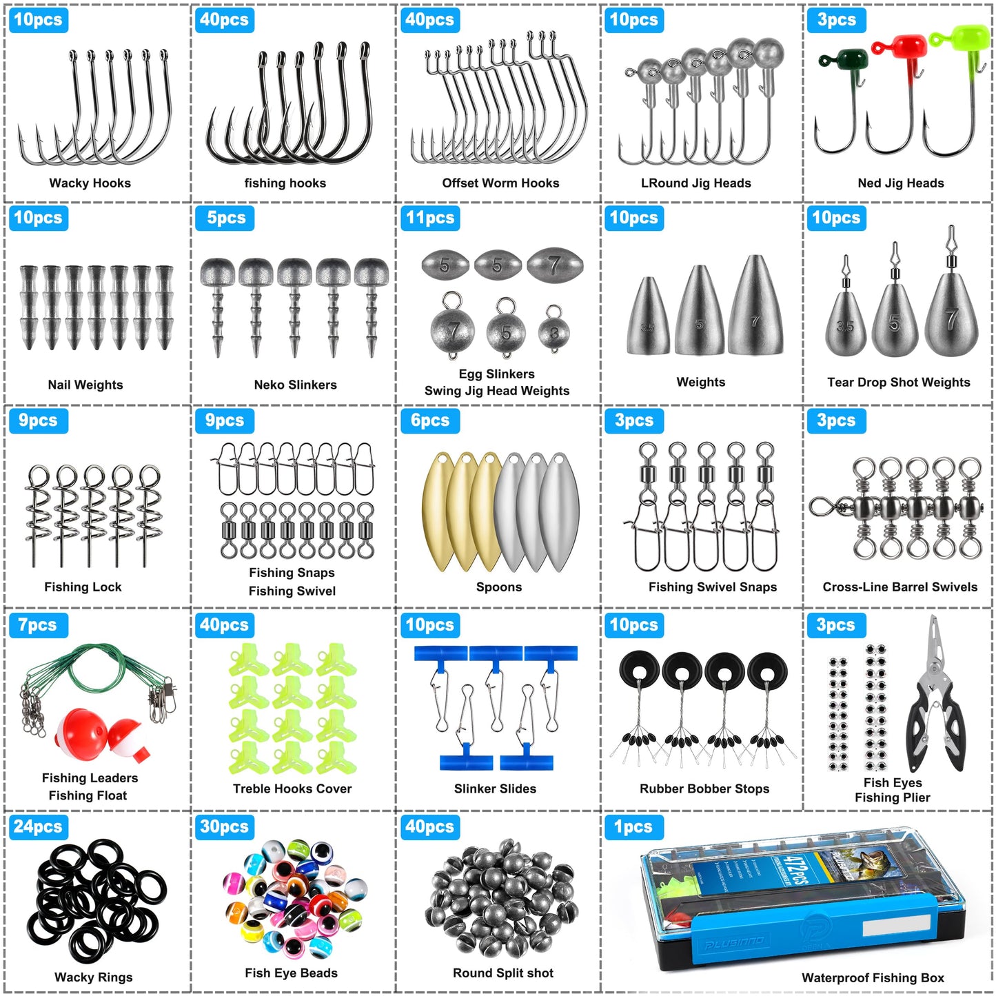 472PCS Fishing Accessories Kit, Waterproof Tackle Box with Tackle Included, Fishing Gifts for Men Included Hooks, Weights, Pliers,Fishing Gear and Equipment for Bass Trout