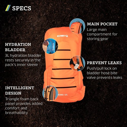 KLYMIT Echo 12L Hydration Pack | Hiking Backpack with 3 Liter Hydration Bladder and Large Storage Compartment — Orange/Black
