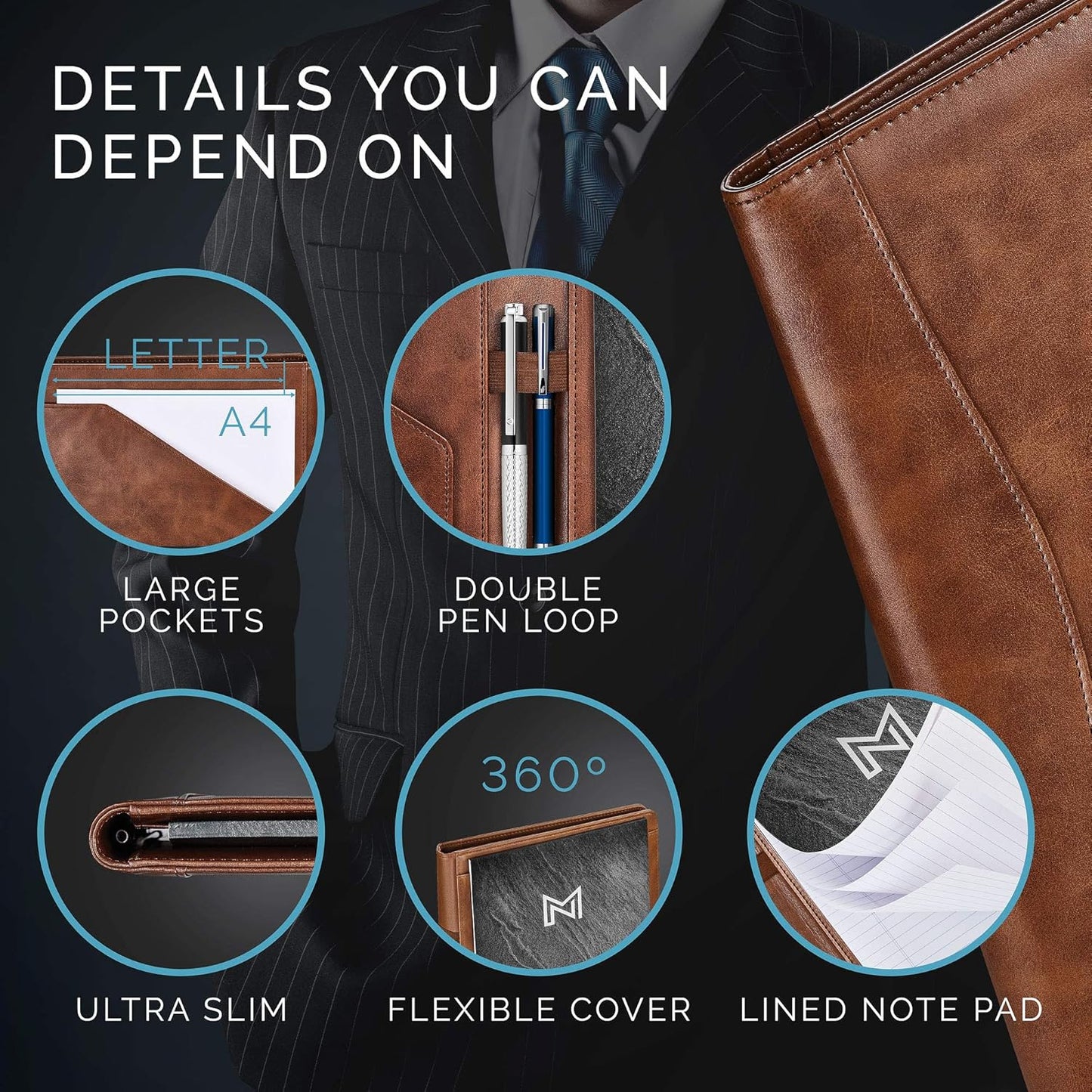 NERO MANETTI- Leather Portfolio Folder - Business PU Leather Portfolio Notepad Holder for Resumes, Legal Pad Portfolio Executive Binder, Professional Padfolio Notebook for Women/Men