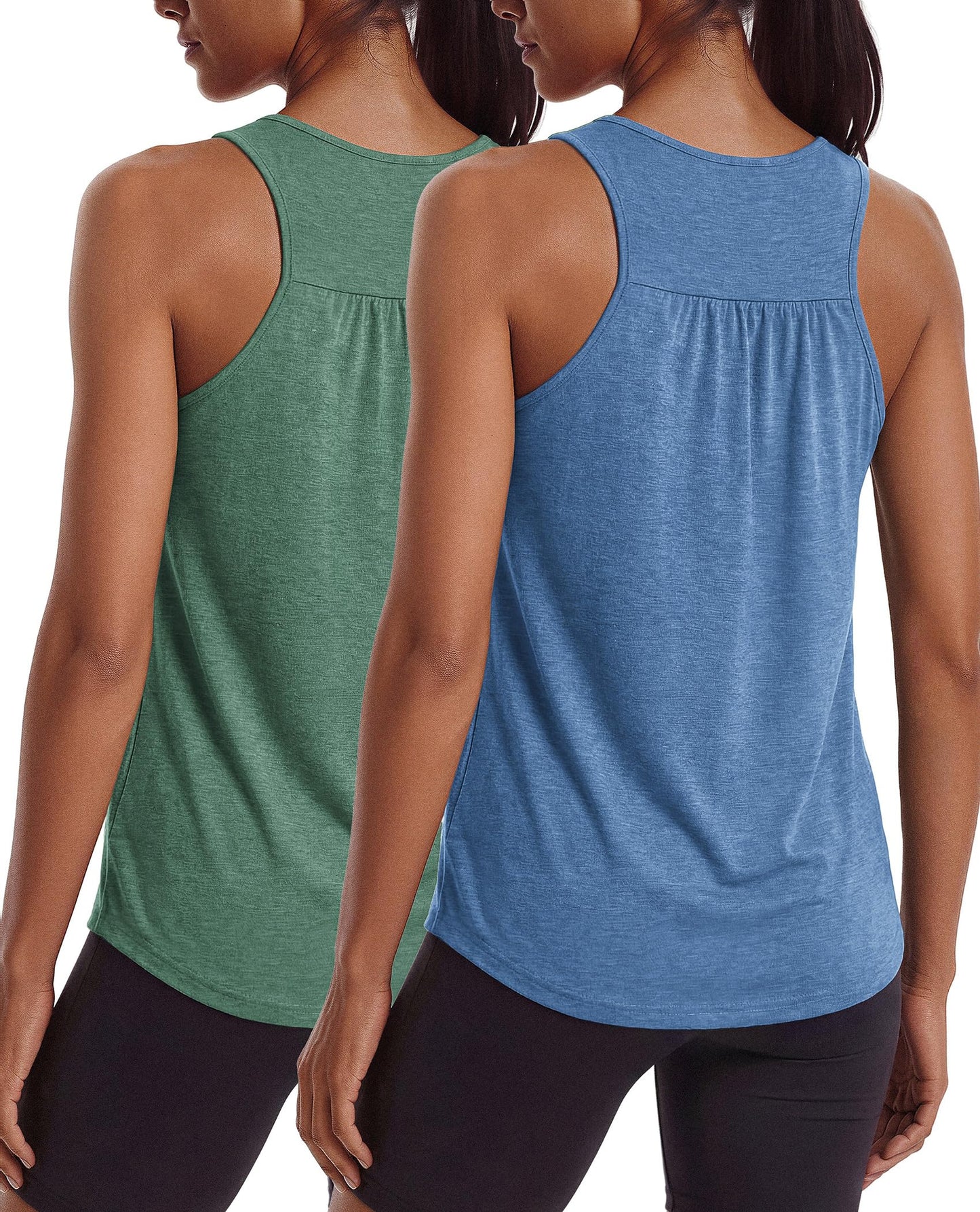 PINSPARK Womens Tank Tops Sleeveless Athletic Running Shirts Moisture Wicking Racer Back Workout Tank Flowy Tennis Pickleball Shirt for Summer,Denim Blue/Dark Green XXL