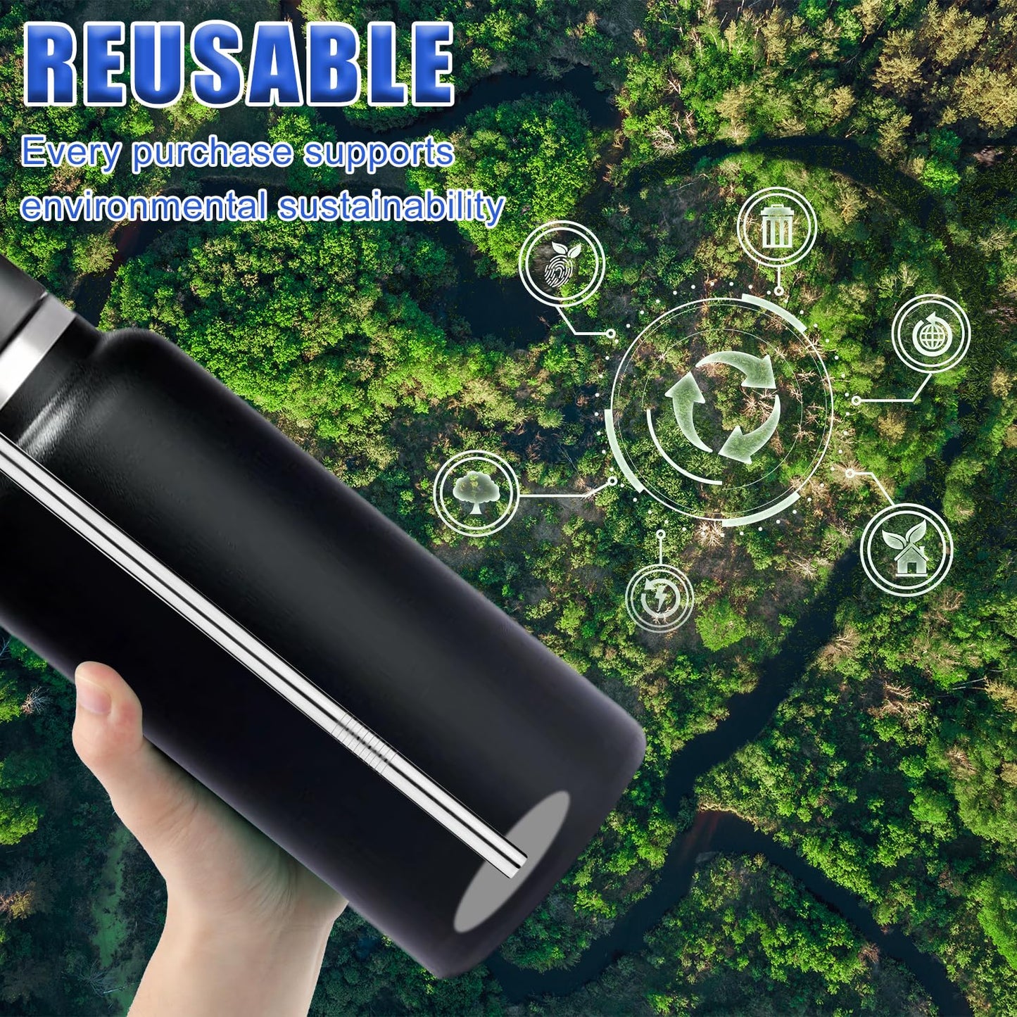 4pcs Metal Press in Straw Replacement with 2pcs Straw Brushes for Hydro Flask, Silver Stainless Steel Practical Straws Replacement Accessories Compatible with Hydroflask Wide Mouth Water Bottle 64oz