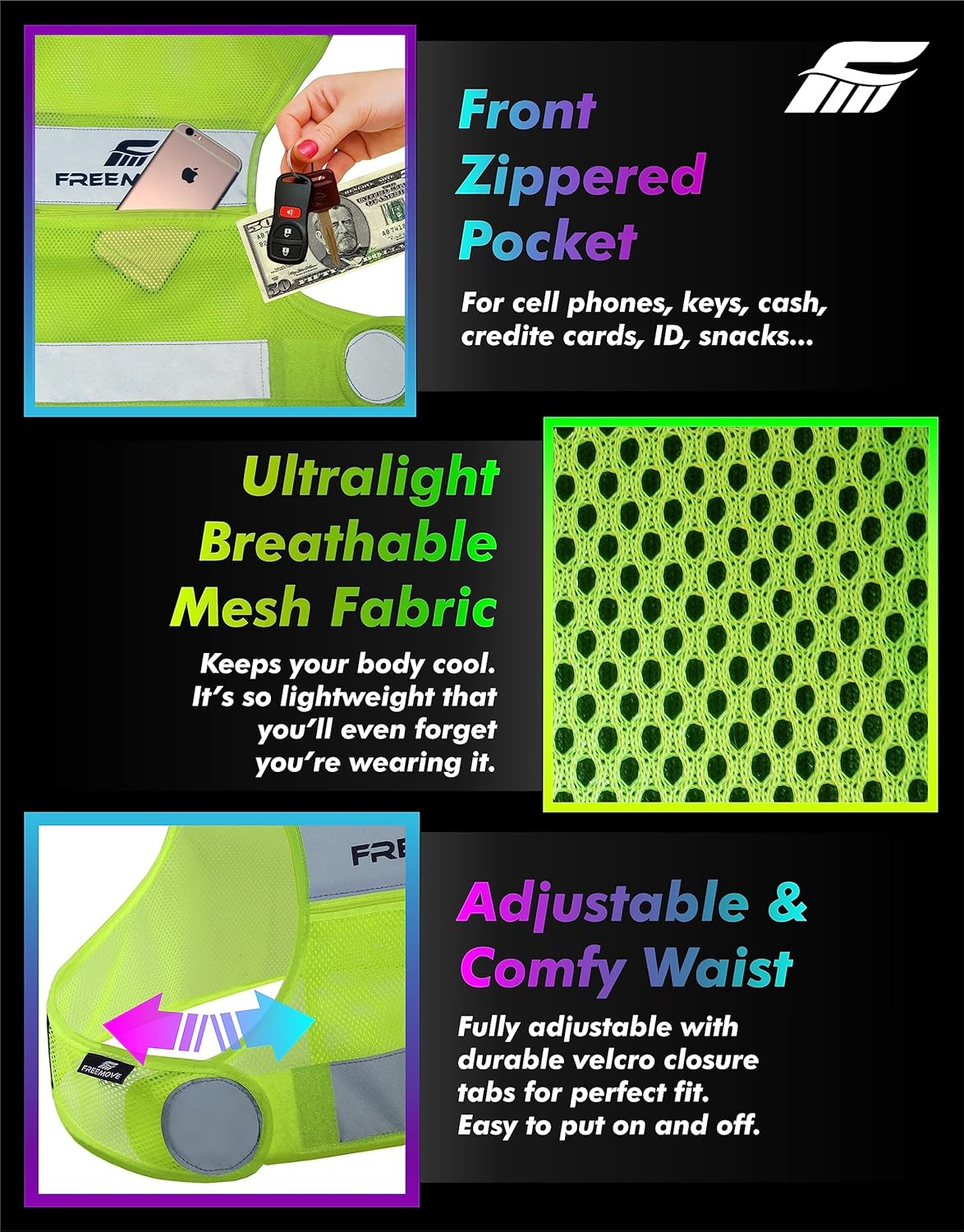 FREEMOVE Reflective Vest - Running Gear + 2 Bands & Bag/Ultralight & Comfy Safety Vests for Running, Walking, Cycling