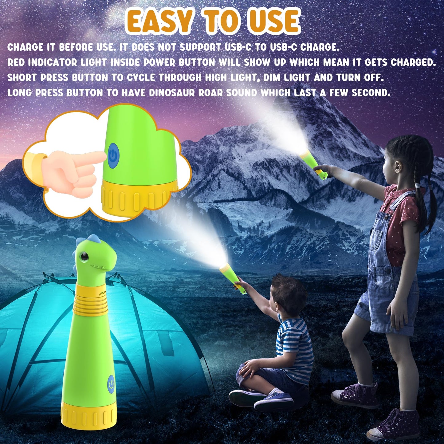 AUKSKY Rechargeable Dinosaur Flashlight with Roar for Kids, Kids Flashlight Camping Gear Handheld Flashlight for Kids, Halloween Christmas Lights for Boys Girls, Dino Kid Lantern