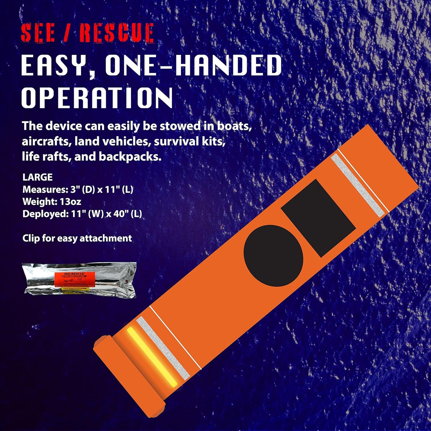 Portable Survival Tool - Lighted Streamer for Land, Sea & Snow Rescue, Day or Night
