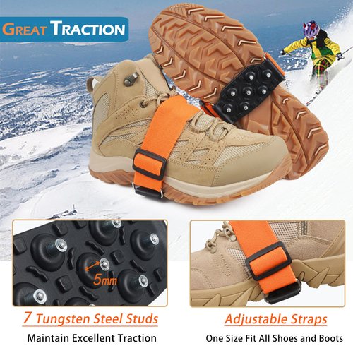 Ice Cleats Mid-Sole Snow Traction Cleats for Shoes and Boots Non-Slip Crampon with 7 Tungsten Studs Adjustable Straps for Secure Grip Snow Cleats for Winter Walking on Snow Ice Jogging Hiking (1Pair)