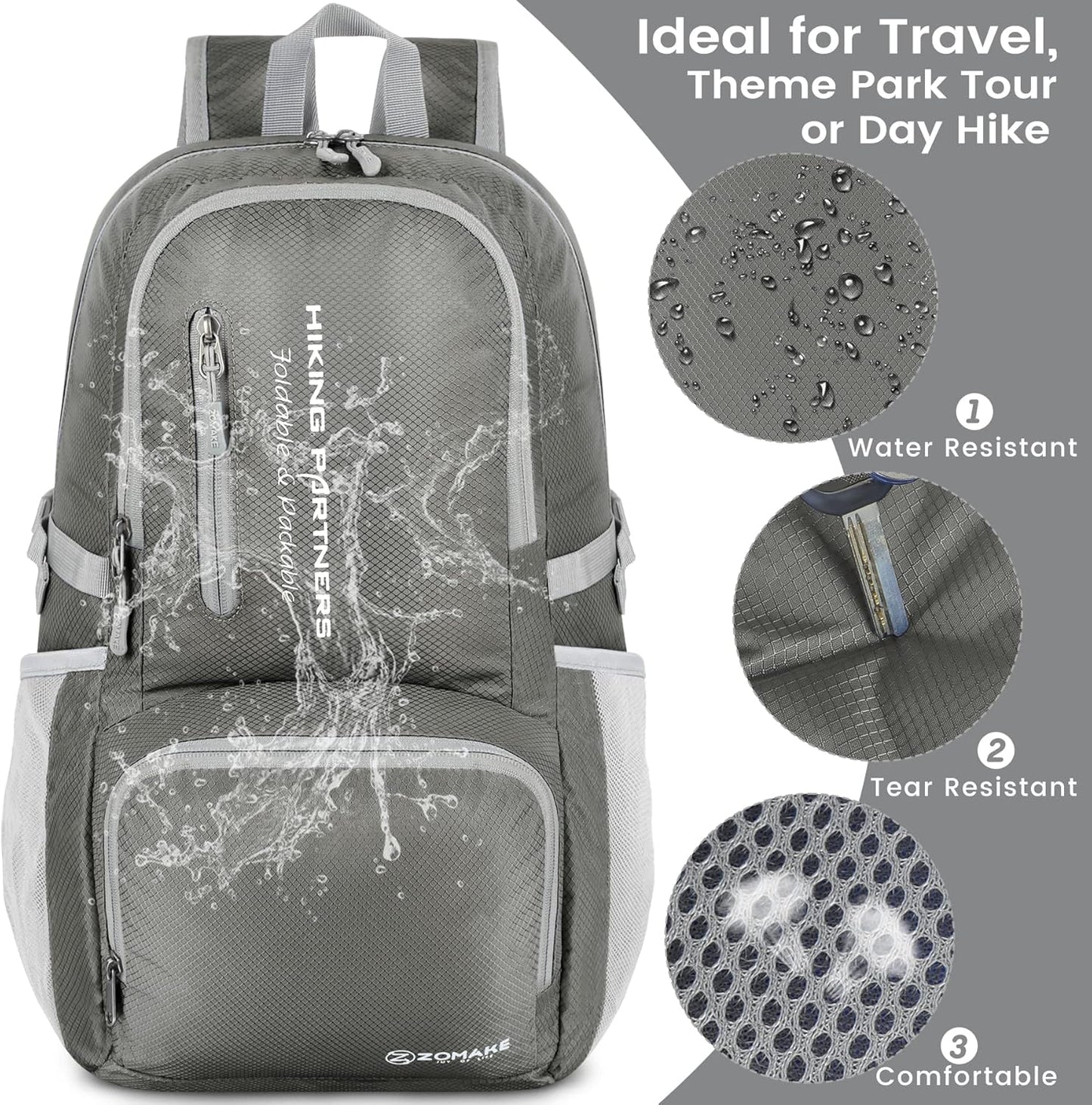 ZOMAKE Lightweight Packable Backpack - 35L Light Foldable Hiking Backpacks Water Resistant Collapsible Daypack for Travel(Dimgray)