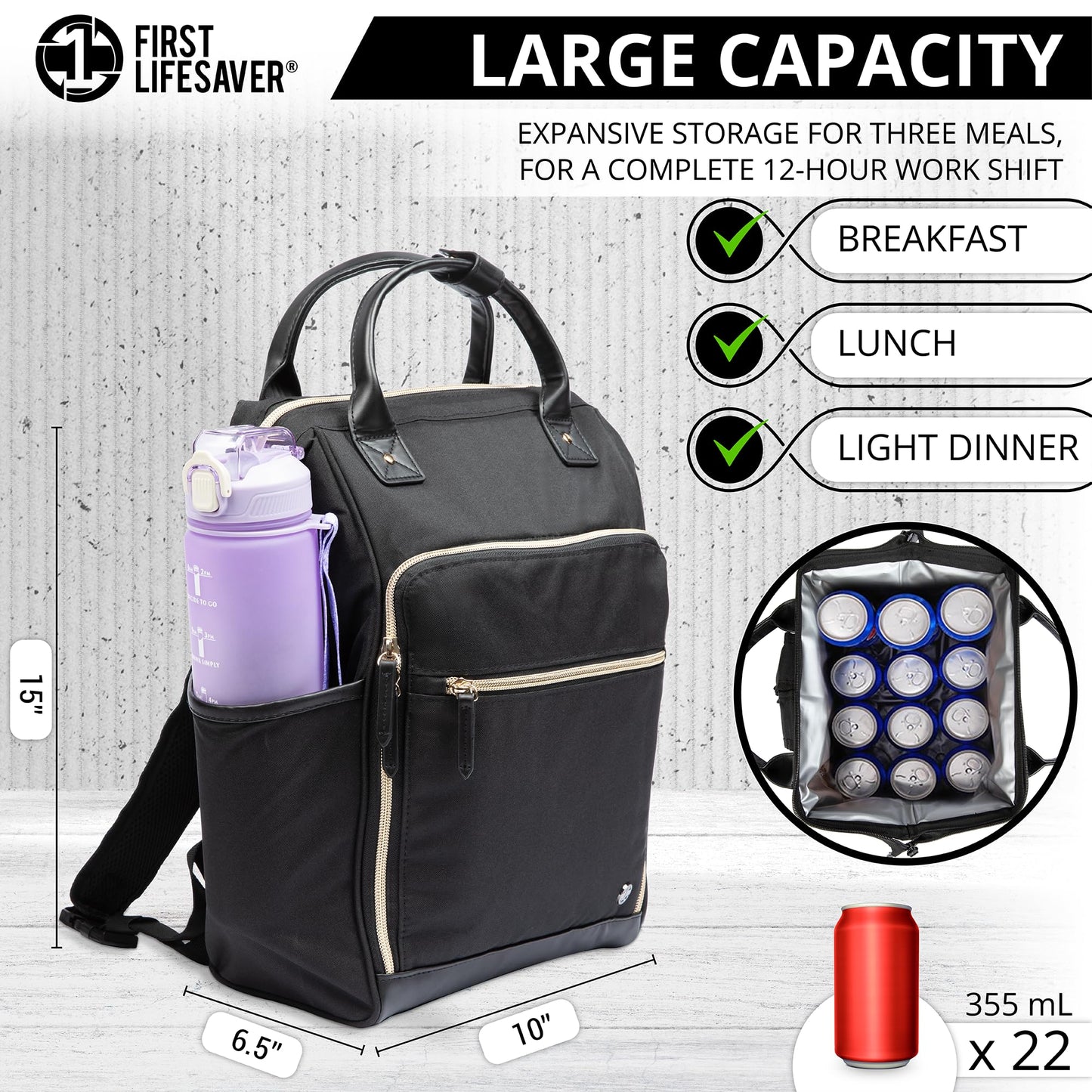 First Lifesaver Backpack Cooler, Lunch Bag with Insulated Leak-Proof Thermal for Women, Nurses, Nursing Students (Black Gold)