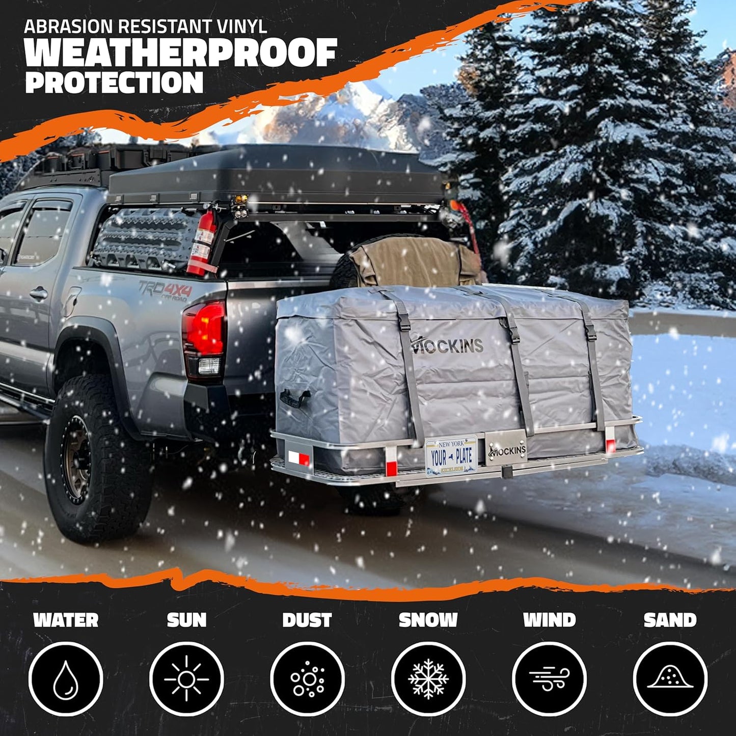 Mockins 60"x20"x6" Folding Trailer Hitch Cargo Carrier w/ 20 Cu.Ft. Waterproof Cargo Bag for Hitch Carrier | 500 Lbs. Capacity Weatherproof Luggage Rack for SUV Car & Truck w/Car Trailer Accessories