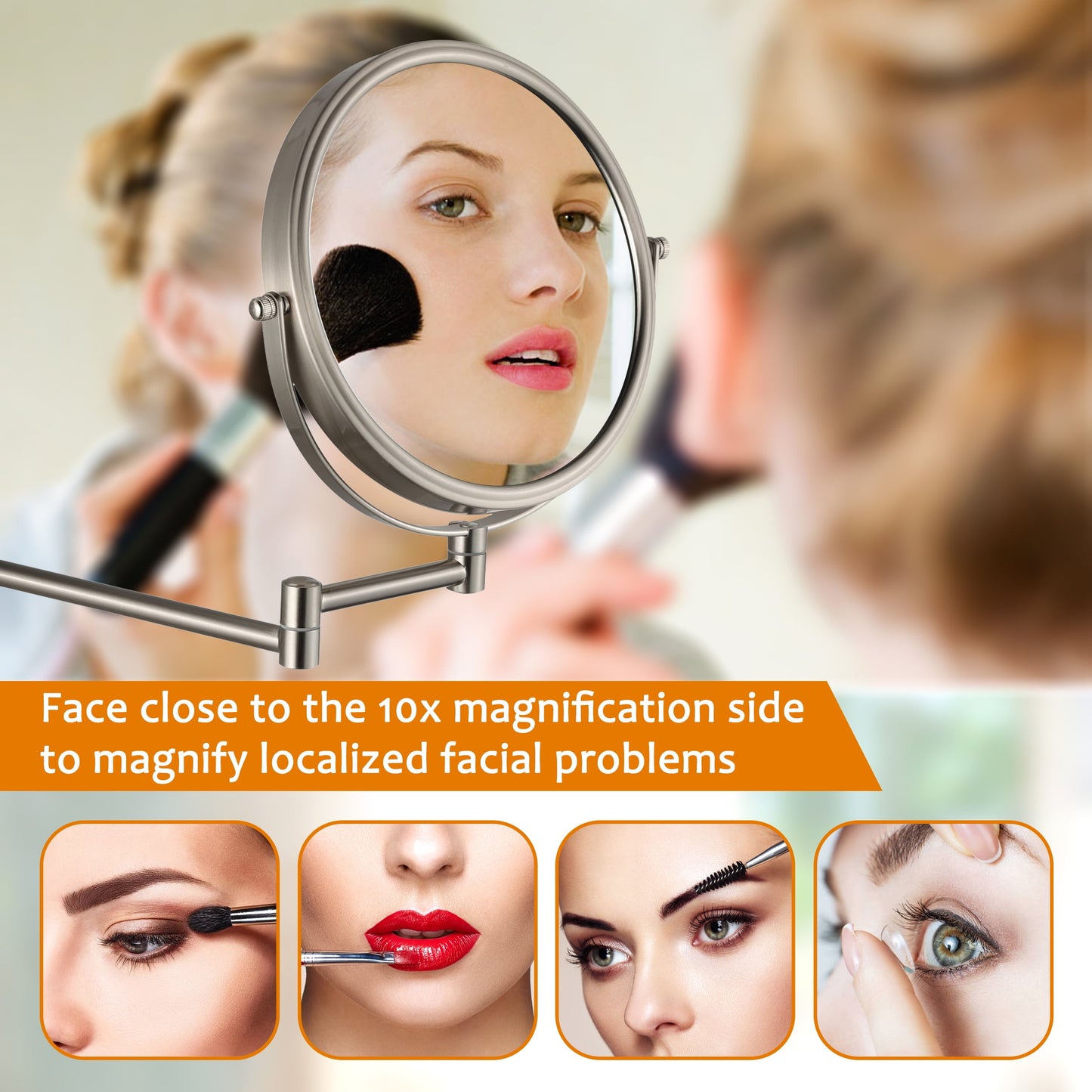 10X Magnifying Wall-Mount Makeup Mirror | 8-Inch Nickel Finish | Stylish & Functional