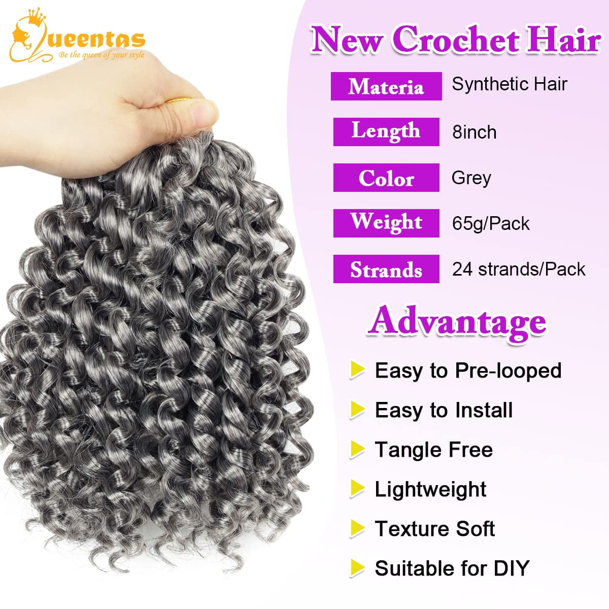 8” Gray Ocean Wave Crochet Hair | 2 Packs for Black Women | Curly Kanekalon