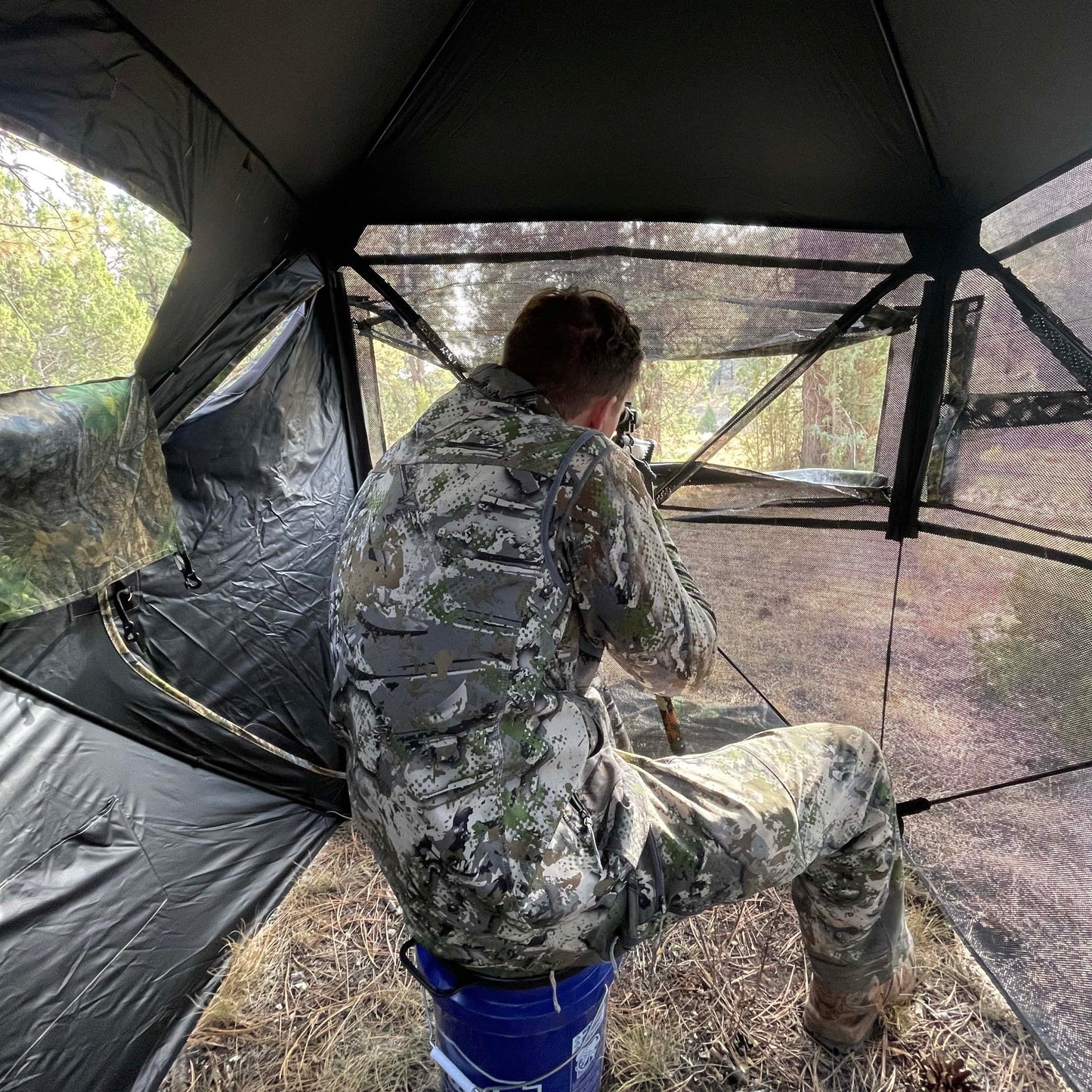 AUSCAMOTEK See Through Ground Blind for Deer Hunting, 2-3 Person Pop-Up Camouflage Blind