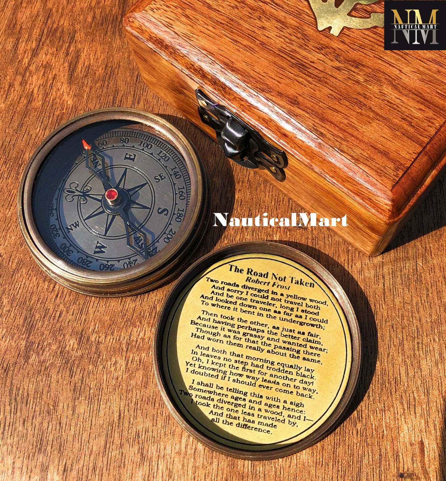 Engraved Brass Compass with Wooden Box - Famous Poet Quotes, Graduation Day & Baptism Gifts for Men & Boys