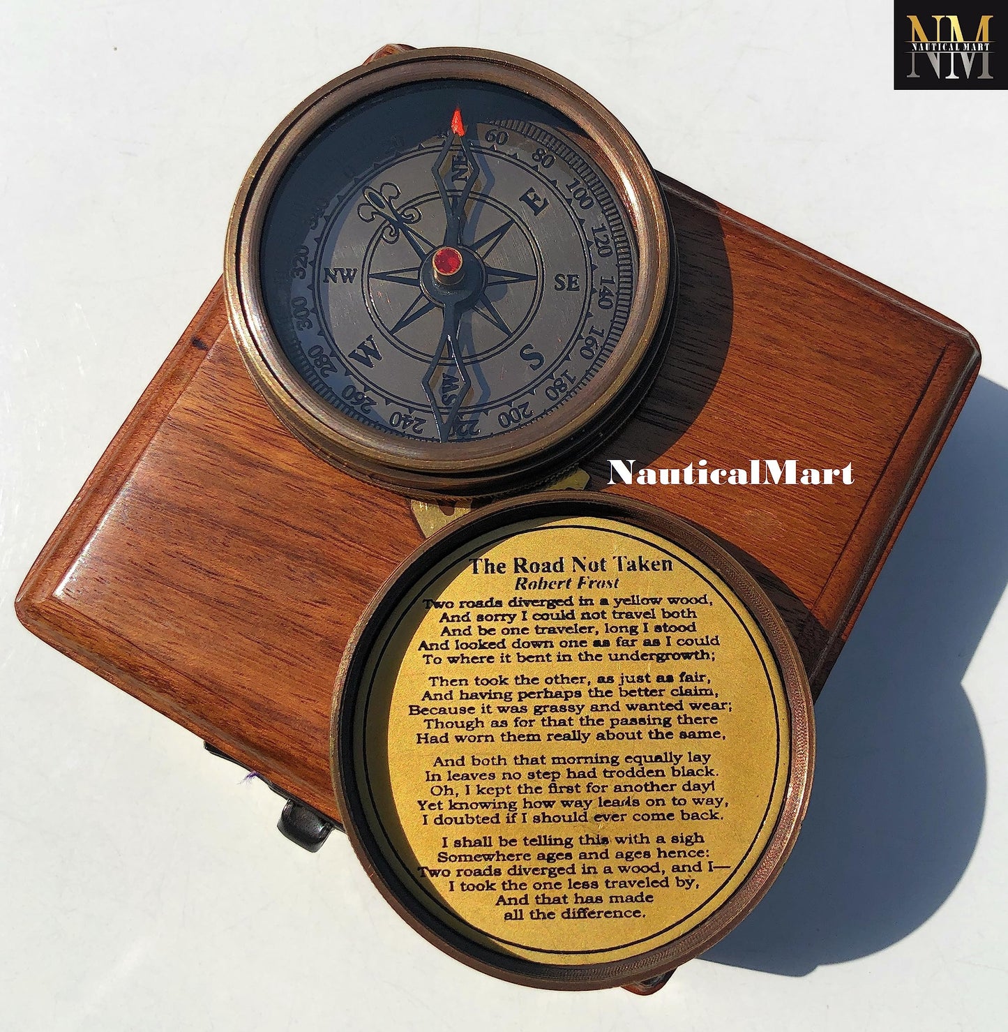 Engraved Brass Compass with Wooden Box - Famous Poet Quotes, Graduation Day & Baptism Gifts for Men & Boys