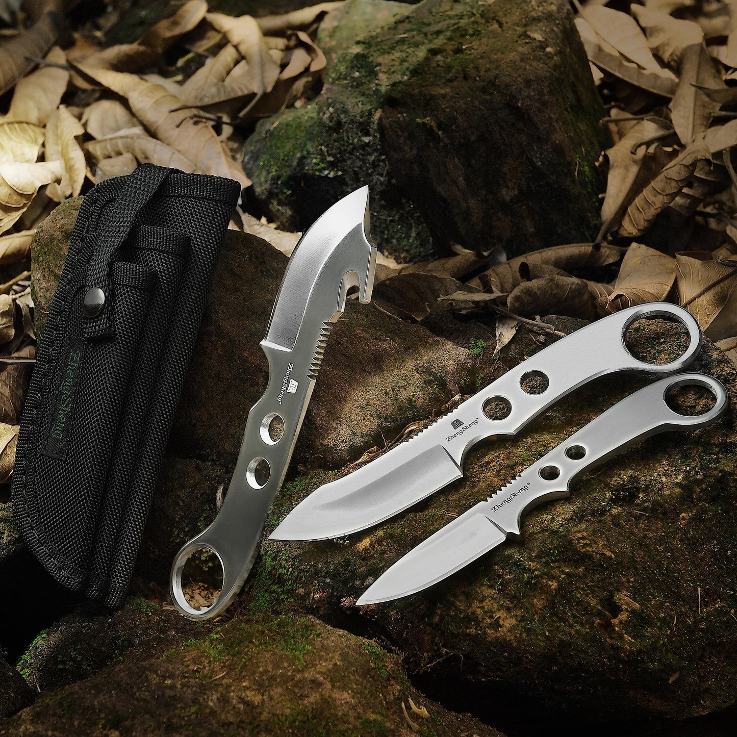 ZhengSheng 3 Piece Full Tang Fixed Blade Knives, Survival Knives Bowie knife and Gut Hook Knife with Nylon Sheath for Hiking, Outdoor Camping Activities