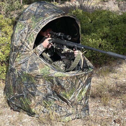 See-Through Hunting Ground Blind with Built-in Chair for Deer Hunting - 1 Person Pop-Up Camouflage Tent