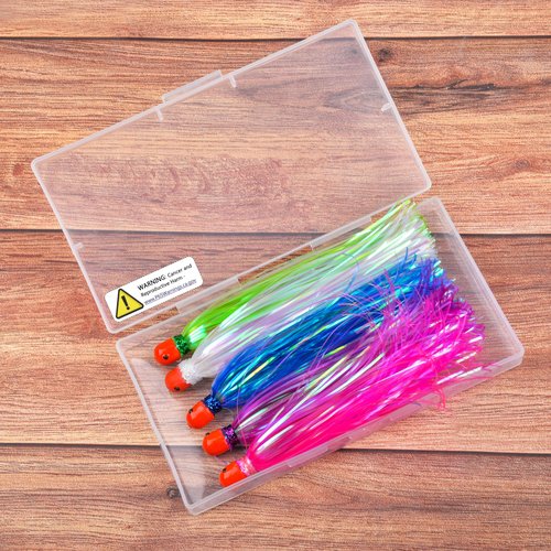 Mylar Flash Teaser Tail Fishing Teasers Weighted Jig Heads Fishing Bait Bullet Sinker Head 0.35 Ounce with Mylar Flash Skirts Hair Lure 8pcs/Pack