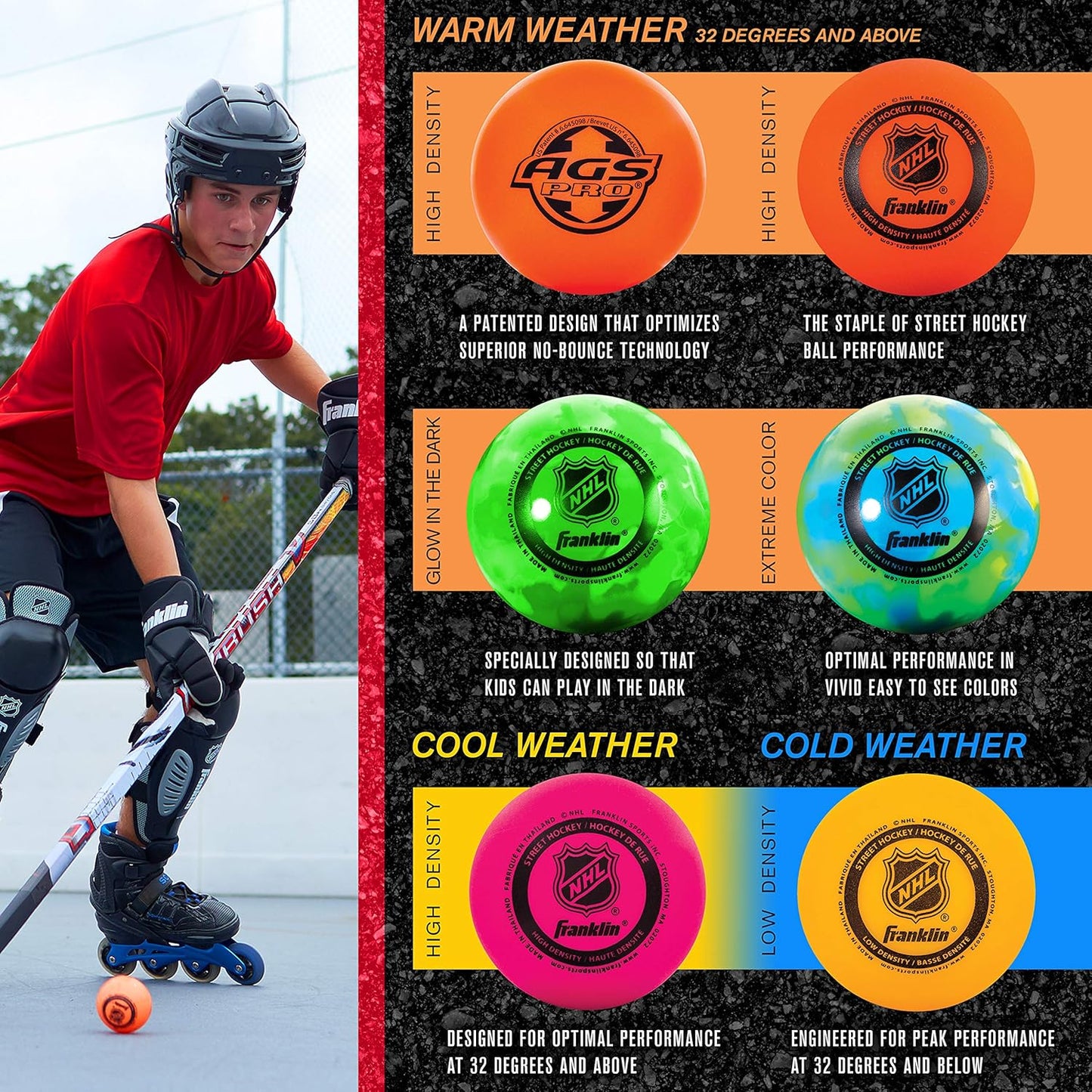 Official Size Franklin Sports NHL Street Hockey Balls | No Bounce | Assorted Colors