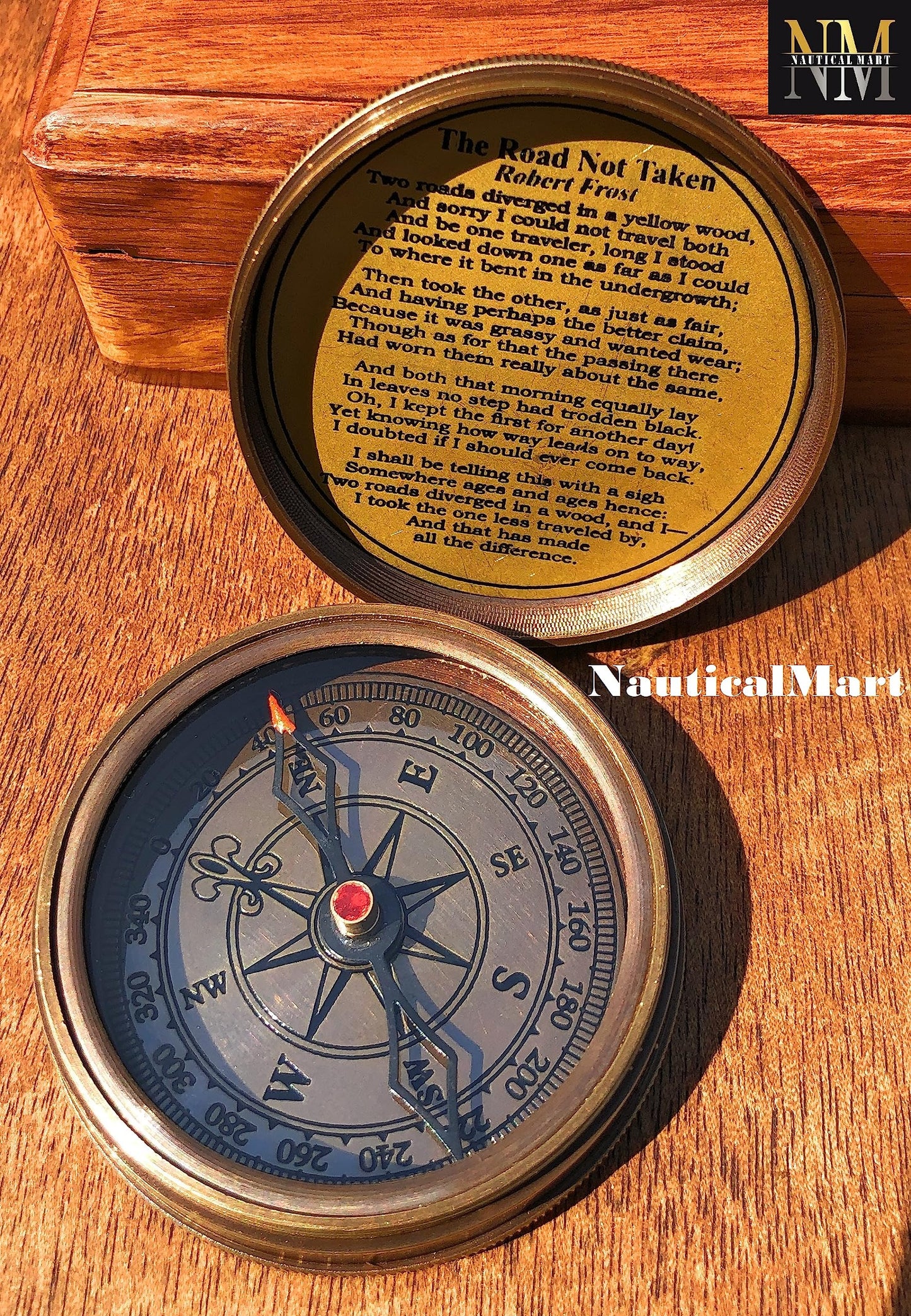 Engraved Brass Compass with Wooden Box - Famous Poet Quotes, Graduation Day & Baptism Gifts for Men & Boys
