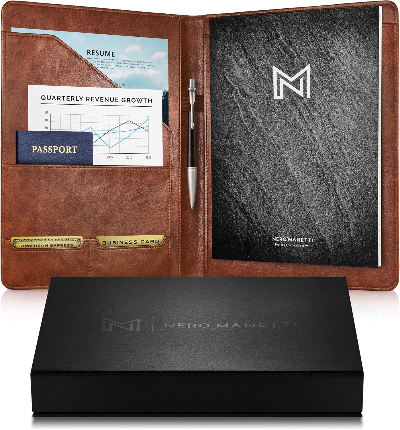 NERO MANETTI- Leather Portfolio Folder - Business PU Leather Portfolio Notepad Holder for Resumes, Legal Pad Portfolio Executive Binder, Professional Padfolio Notebook for Women/Men