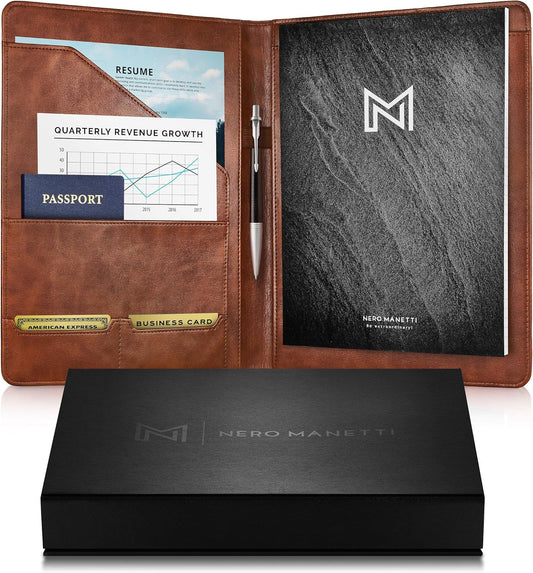 NERO MANETTI- Leather Portfolio Folder - Business PU Leather Portfolio Notepad Holder for Resumes, Legal Pad Portfolio Executive Binder, Professional Padfolio Notebook for Women/Men
