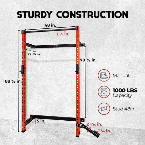 Yes4All 2" x 2" Tube with 1" Hole Space Saving Folding Wall Mounted Squat Rack for Home Gym, 1000lbs Capacity Steel Power Cage with Adjustable Pull-Up Bar, 360 Degree Landmine & Strong Steel J-Hooks