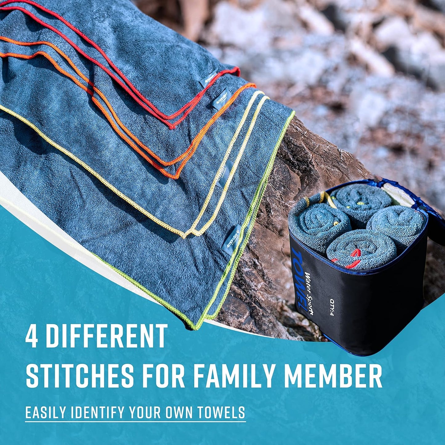 4Monster 4 Pack Microfiber Camping Towel Quick Dry, Super Absorbent Travel Towel with Waterproof Bag, Lightweight Boat Towel for RV, Sport, Gym, Beach, Pool, Swim,Family Trip