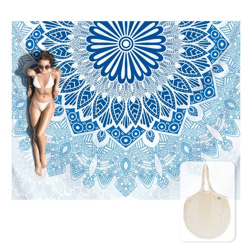 Zingtto Silky Soft 108"x84" Sand Proof Beach Blanket Sand Proof Mat with Corner Pockets and Fashion Mesh Bag for Beach Party, Travel, Camping and Outdoor Music Festival, Boho Blue Mandala