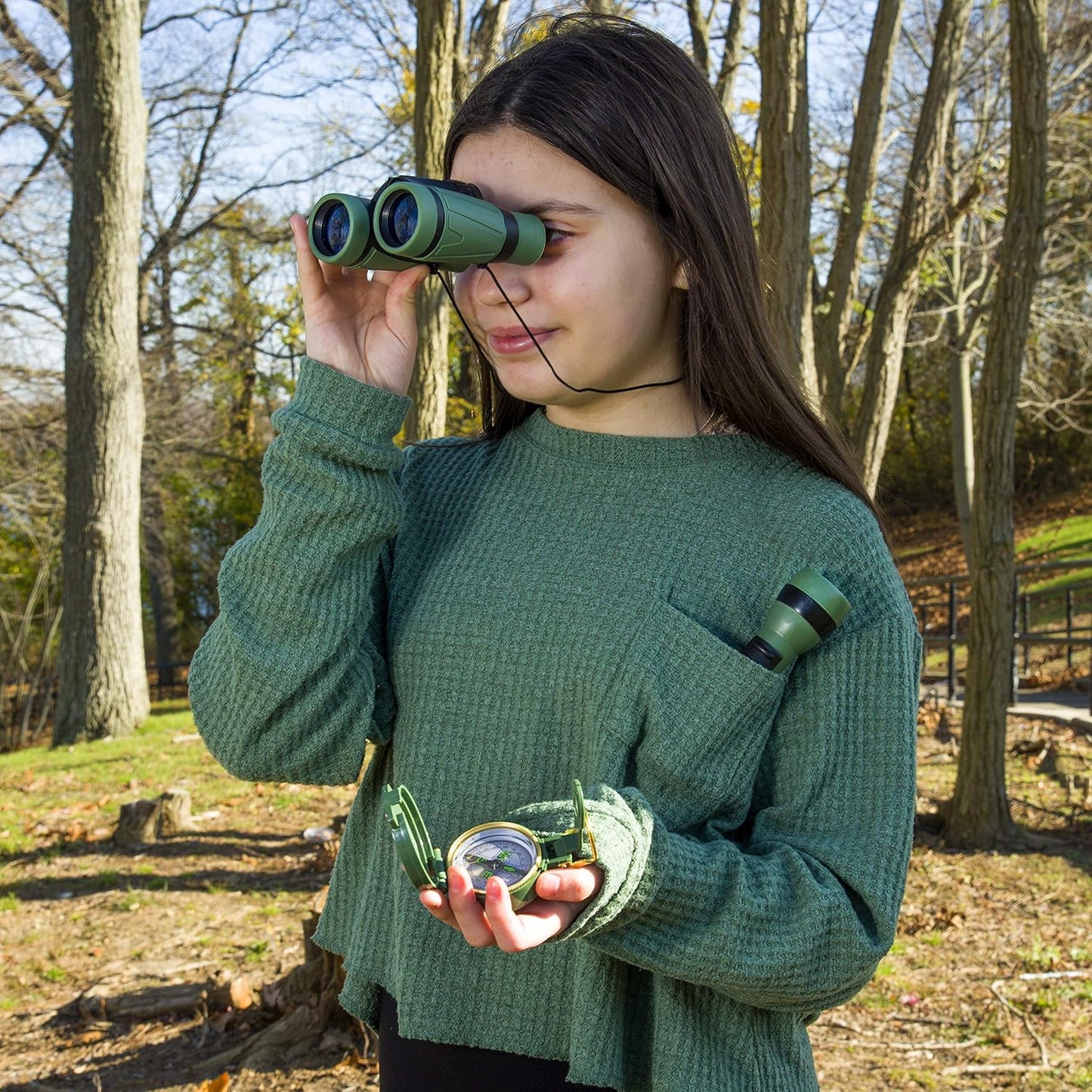 Carson AdventurePak Containing 30mm Kids Field Binoculars, Lensatic Compass, Flashlight and Signal Whistle with a Built-in Thermometer (HU-401), Multicolor