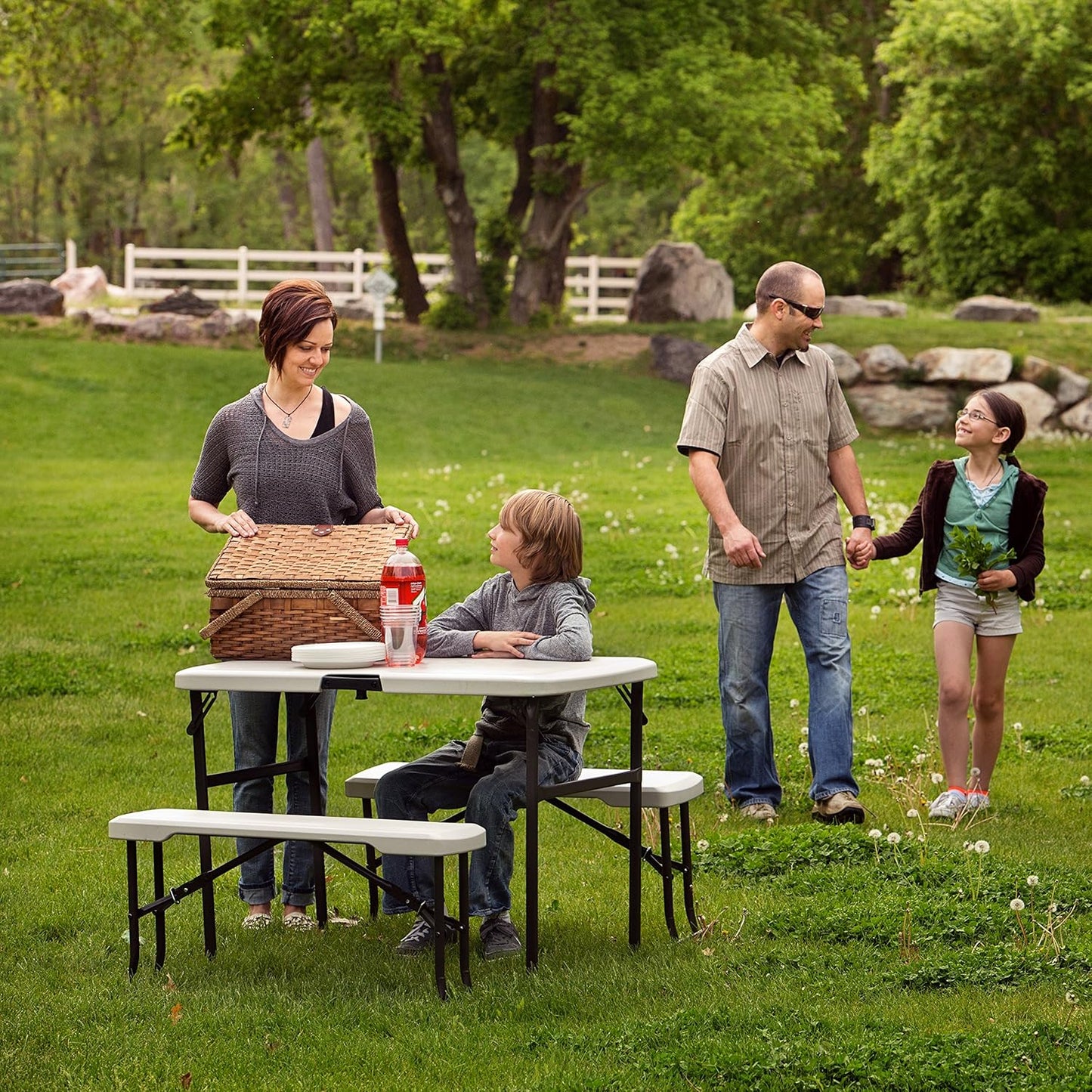 Lifetime 80373 Portable Folding Camping RV Picnic Table and Bench Set, Almond