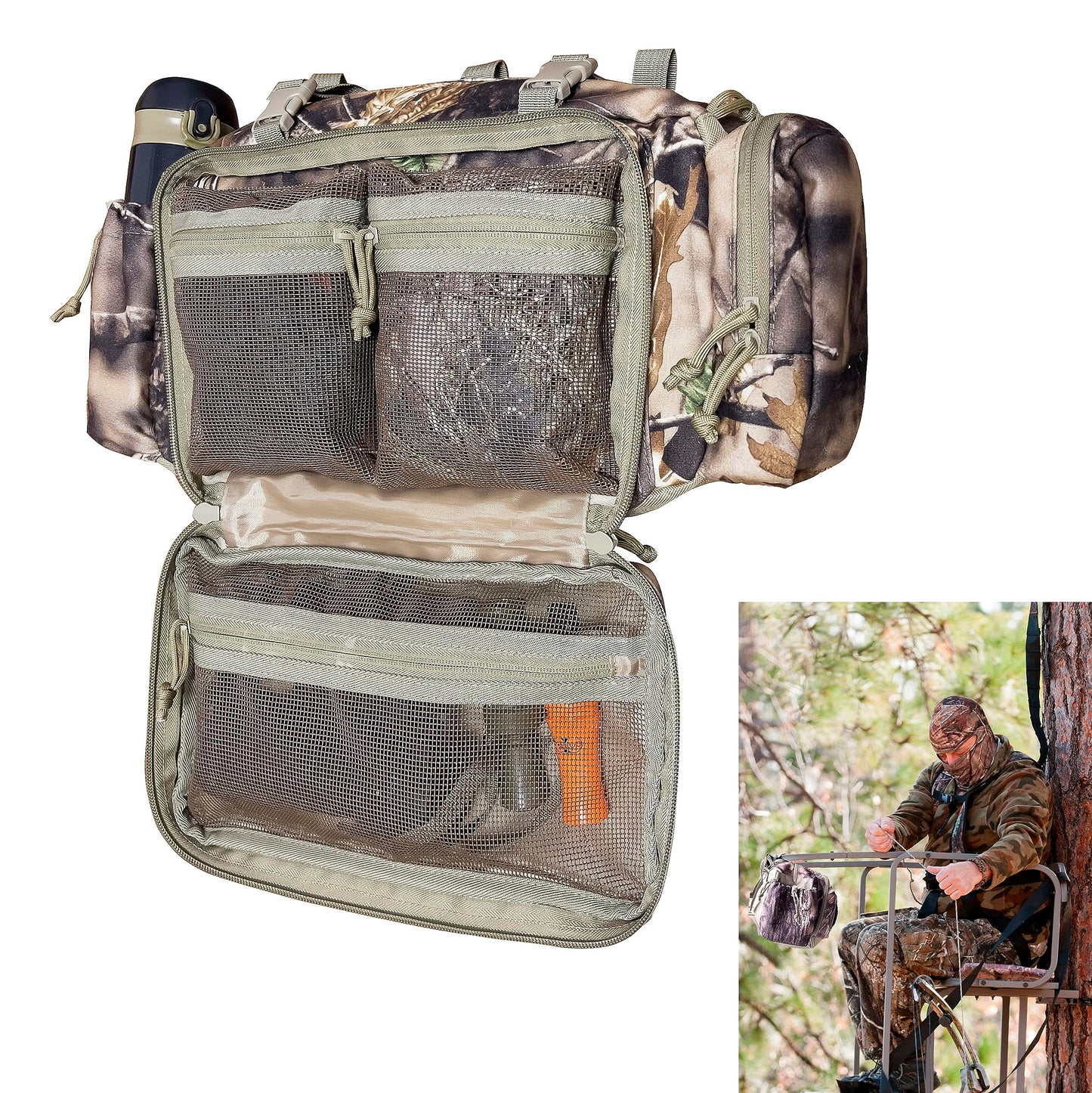 AUSCAMOTEK Camouflage Hanging Bag for Treestand Platform Saddle Hunting – Camo Fanny Pack for Hunting Accessories and Storage with Expandable Compartments and Water Holder