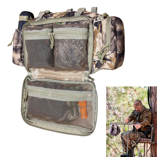 AUSCAMOTEK Camouflage Hanging Bag for Treestand Platform Saddle Hunting – Camo Fanny Pack for Hunting Accessories and Storage with Expandable Compartments and Water Holder