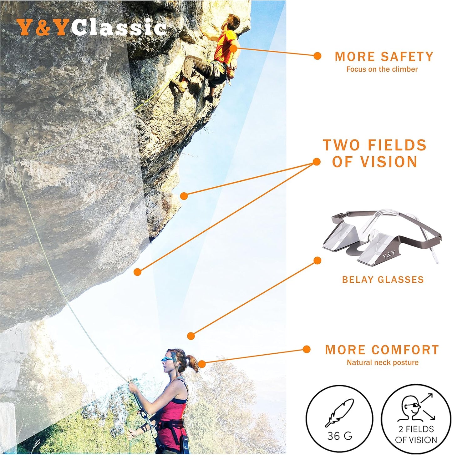 YY Vertical Belay Glasses - Hands-Free Climbing Safety Gear for Rock Climbers