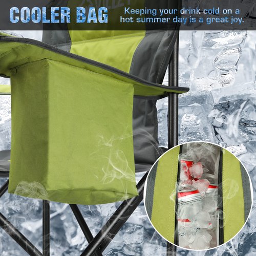 VILLEY Camping Chair, Oversized Folding Camp Chair, Portable Outdoor Chairs Support 400 LBS with Padded Seats, Cooler Bag, Cup Holder, Carry Bag, Green