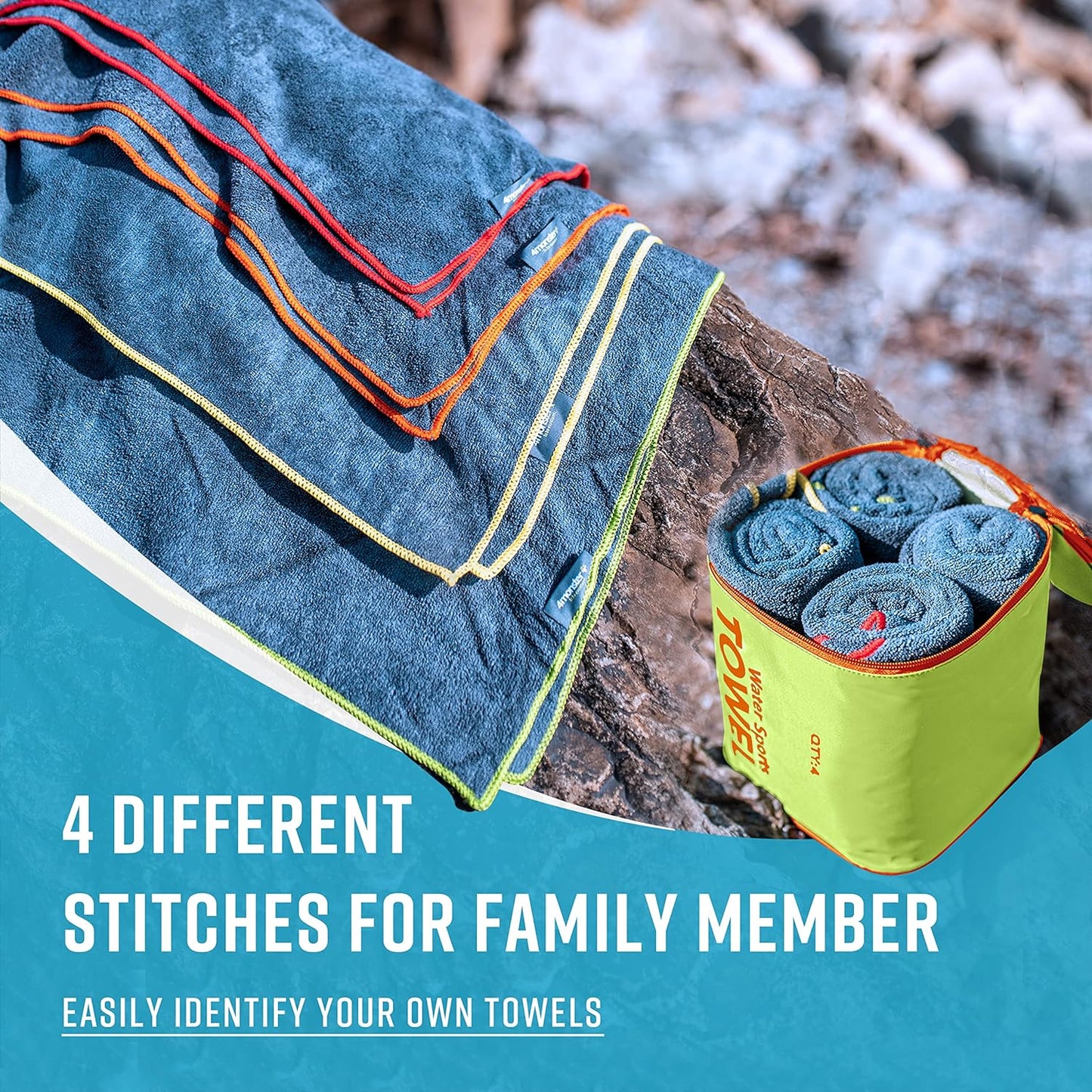 4Monster 4 Pack Microfiber Camping Towel Quick Dry, Super Absorbent Travel Towel with Waterproof Bag, Lightweight Boat Towel for RV, Sport, Gym, Beach, Pool, Swim,Family Trip
