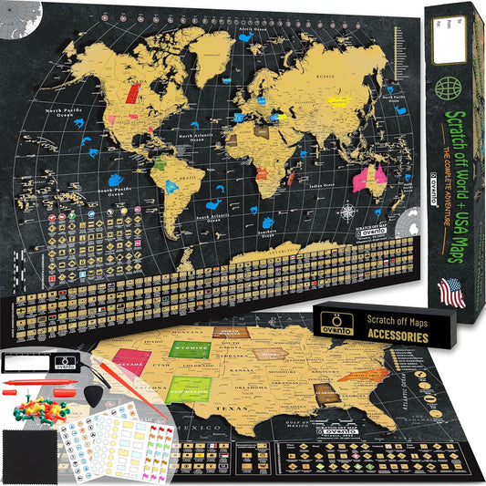 OVANTO Scratch Off World Map & US Map-Durable 17x24” United States Map & World Travel Map with Pins & Accessory Set–Easy to Scratch Off Maps with Colored Details in Name-Tagged Gift Box for Travelers