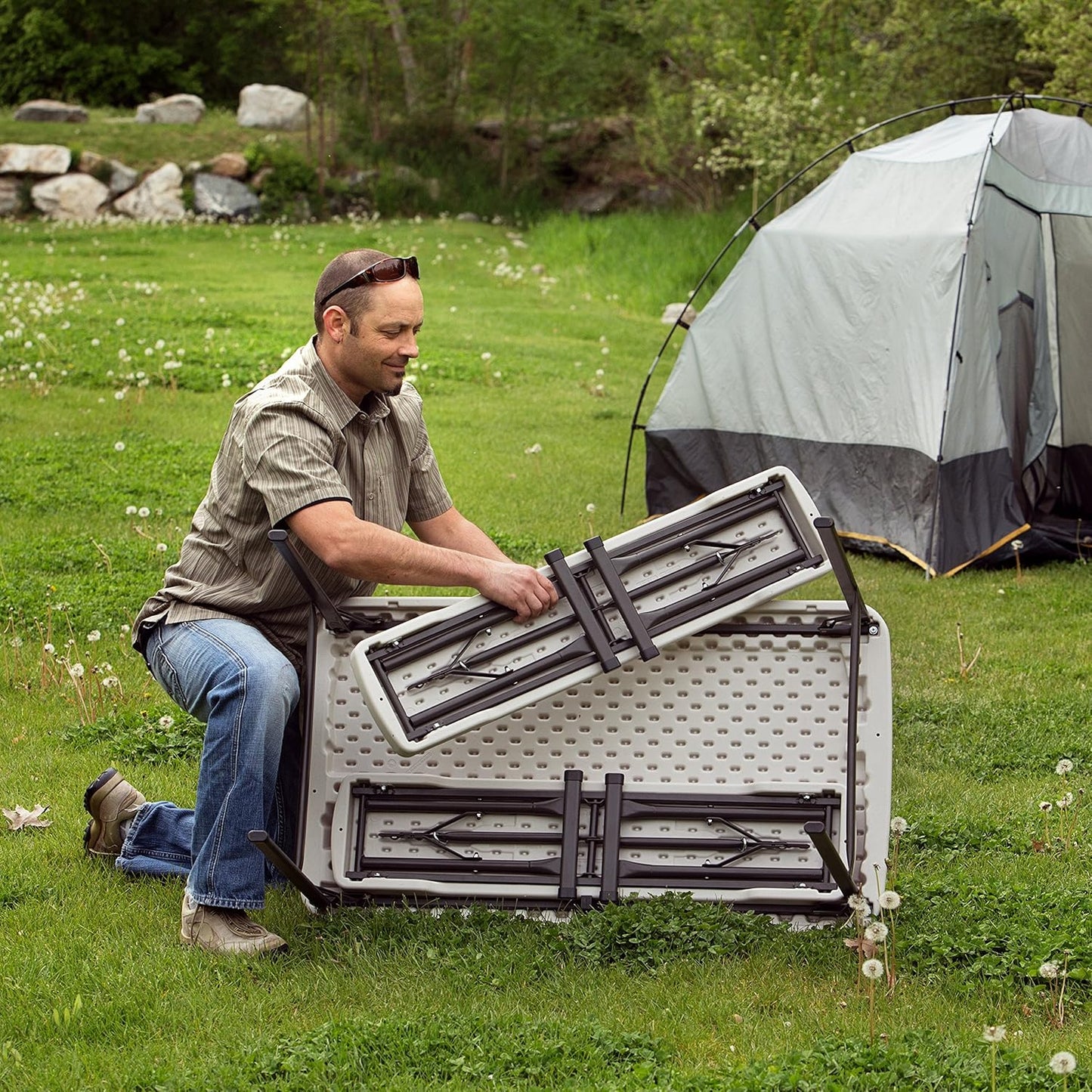 Portable Folding Camping Table & Bench Set - LIFETIME 80373, Almond Color