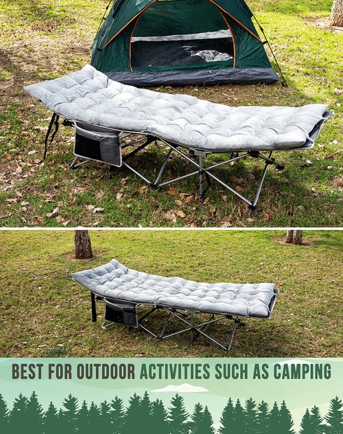 Zento Camping Cot and Mattress Folding Outdoor Travel Bed - Heavy Duty Max Load 450 LBS Premium Quality Cot Bed with Pad for Comfort Sleeping for Travel Home and Anytime Use